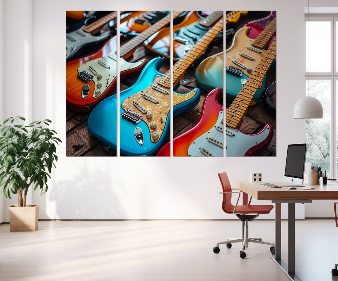 Colorful Electric Guitars Collection Close Up Music Studio Instruments Wall Art Print - Image 3