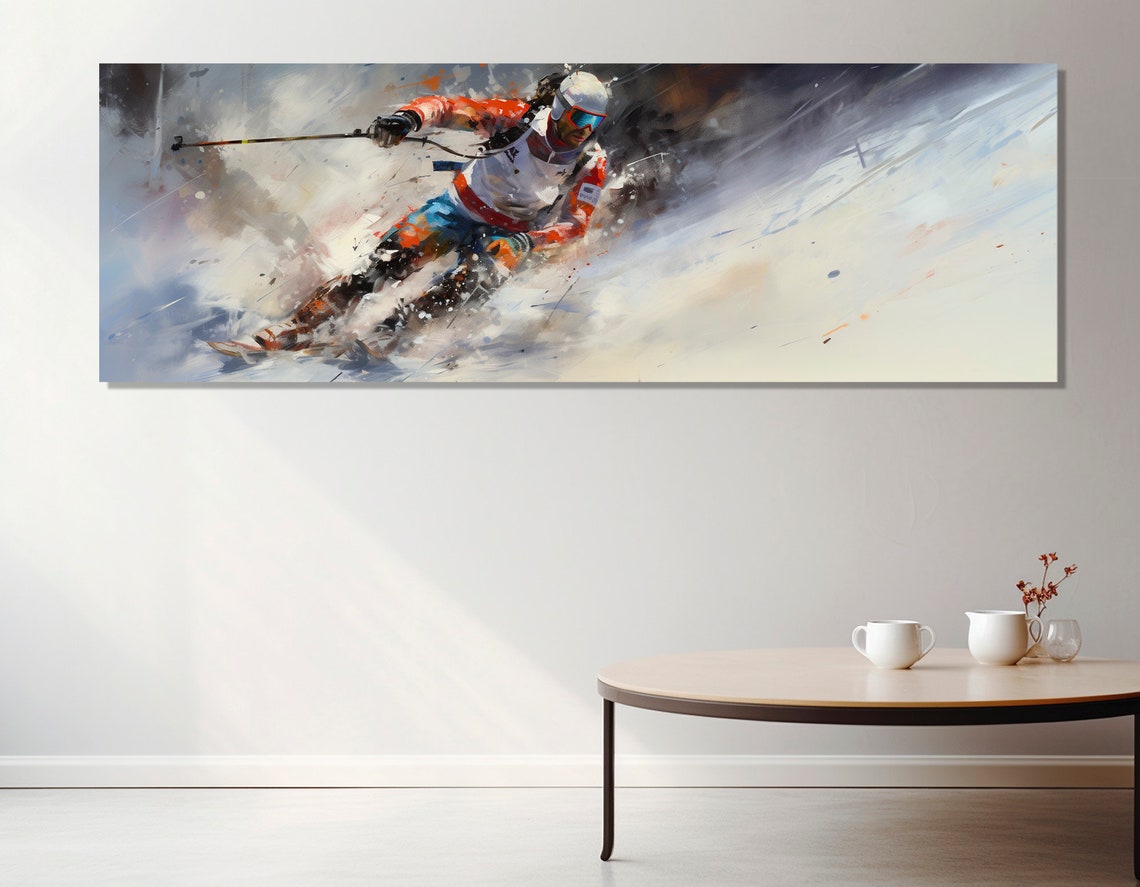Abstract Speed Skier Carving Powder In A Wide Panoramic Alpine Poster
