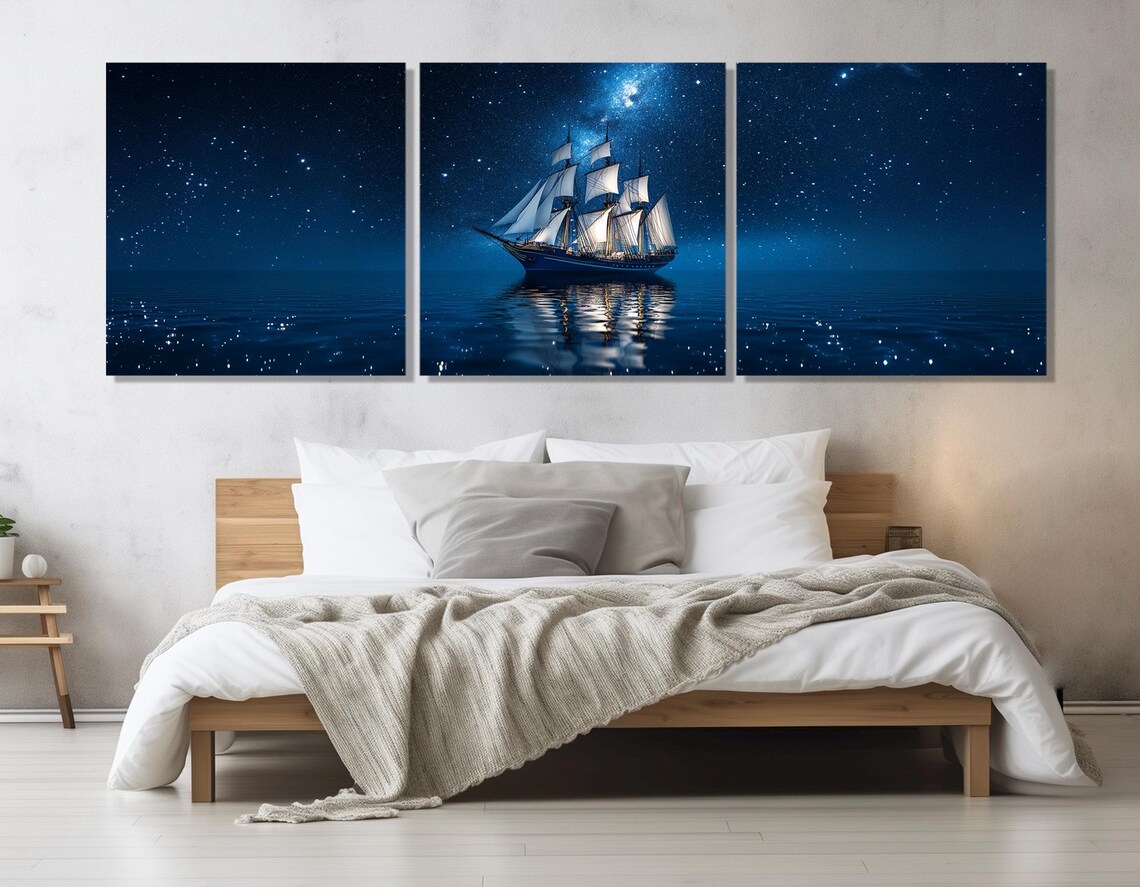 Tall Ship Under Starry Night Sea Milky Way Triptych Sailing Wall Art Poster