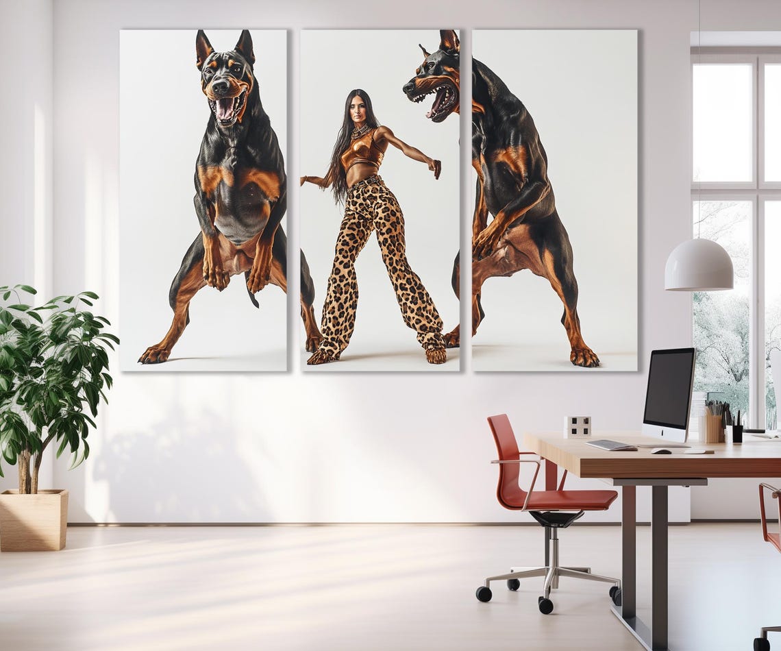 Woman With Two Giant Doberman Dogs Bold Studio Portrait Wall Art Print - Image 4