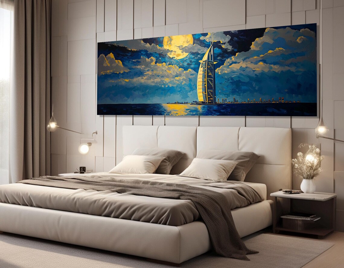 Dubai Burj Al Arab Night Sky Moon Triptych Oil Painting Travel Poster - Image 4