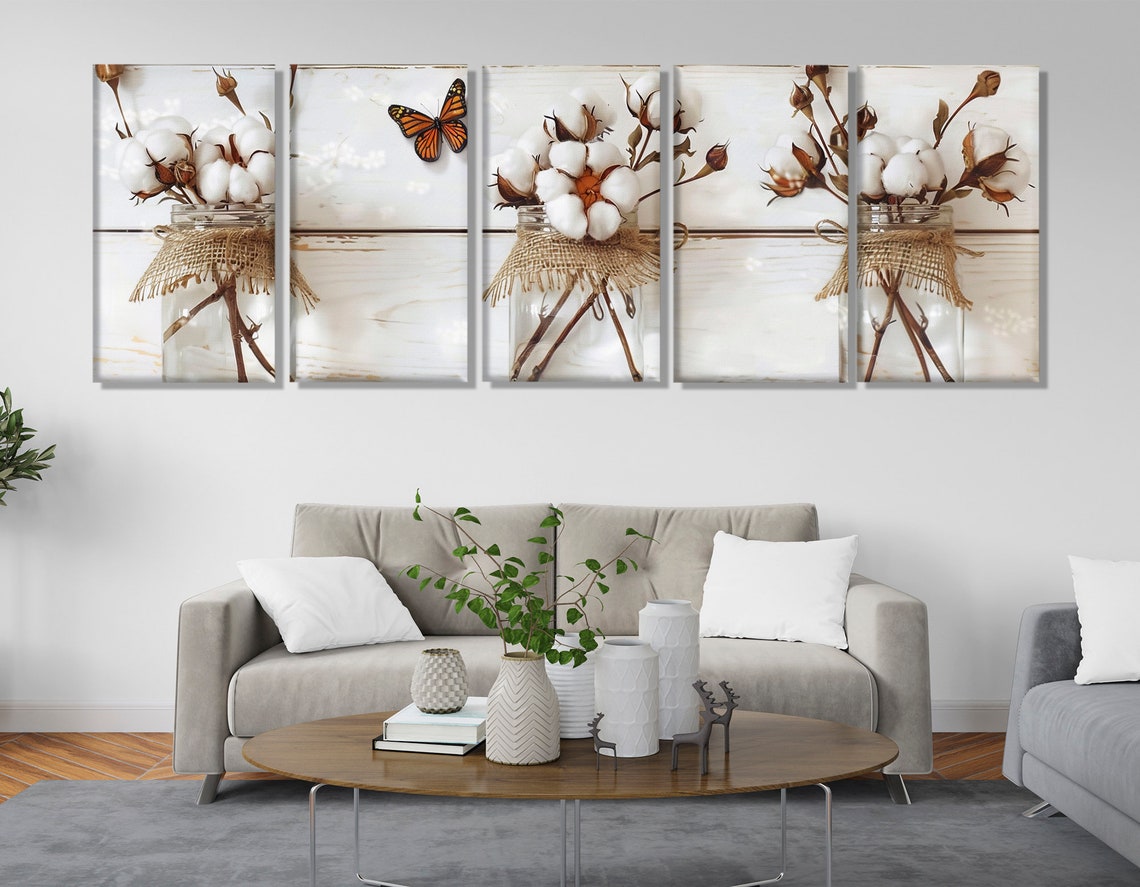 Cotton Flowers In Jars Triptych Farmhouse Rustic Butterfly Print - Image 3