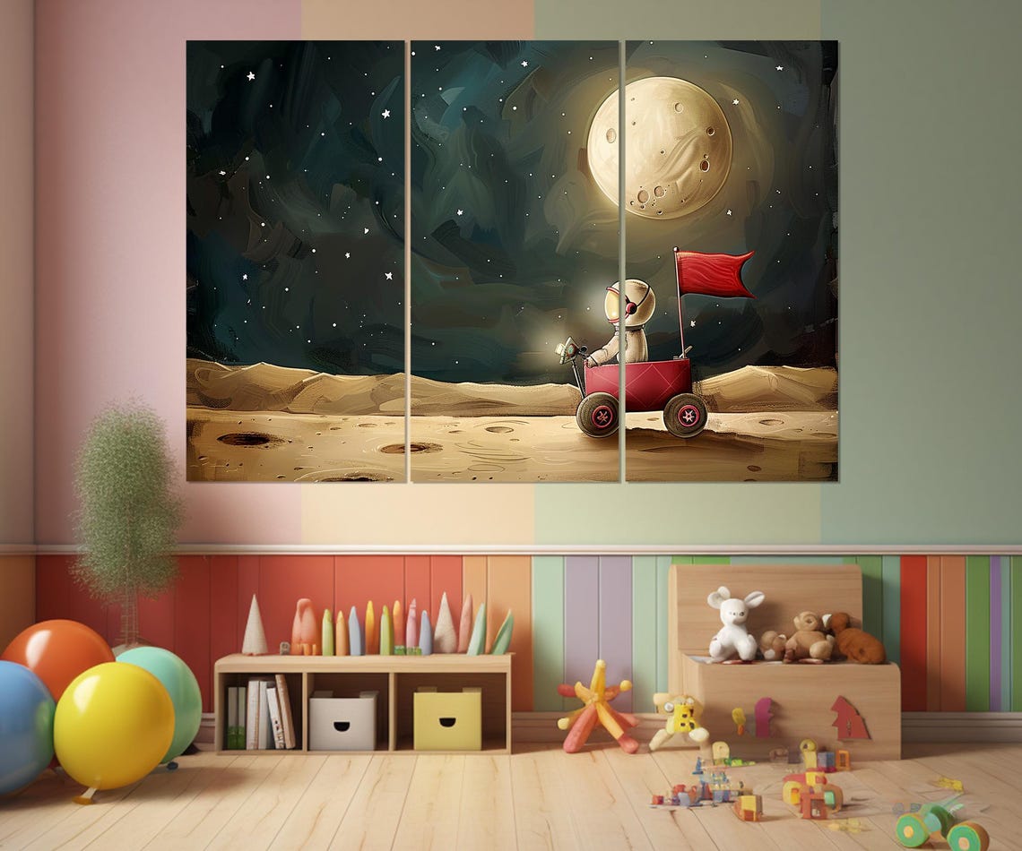 Cute Astronaut Kid Riding Red Wagon on Moon Nursery Space Art Poster - Image 4
