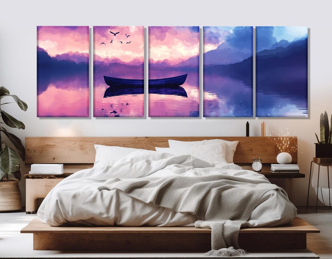 Lonely Boat Purple Sunset Lake Calm Water Reflection Nature Poster - Image 3