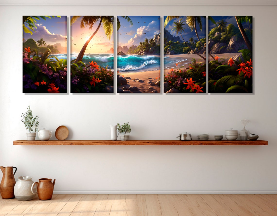 Tropical Beach Sunset Palm Trees Rocky Island Panoramic Poster - Image 2