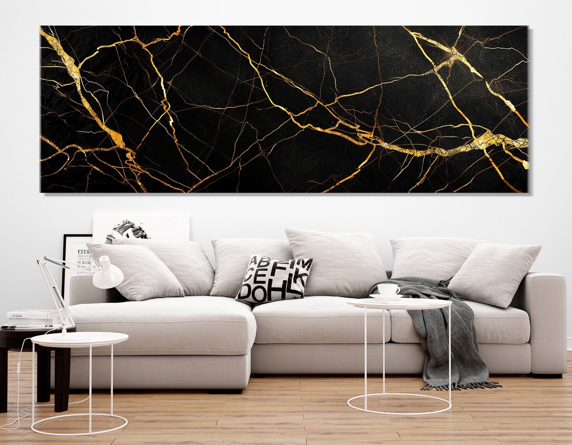 Black Marble Gold Veins Abstract Luxury Triptych Modern Wall Poster - Image 4