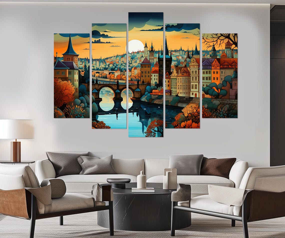 Prague Old Town Bridge Moonrise Colorful Czech River Scene Poster - Image 3