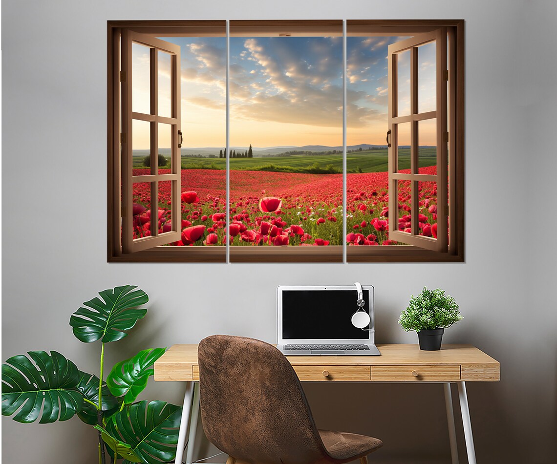 Open Window Red Poppy Field Sunset Countryside Faux View Poster - Image 4