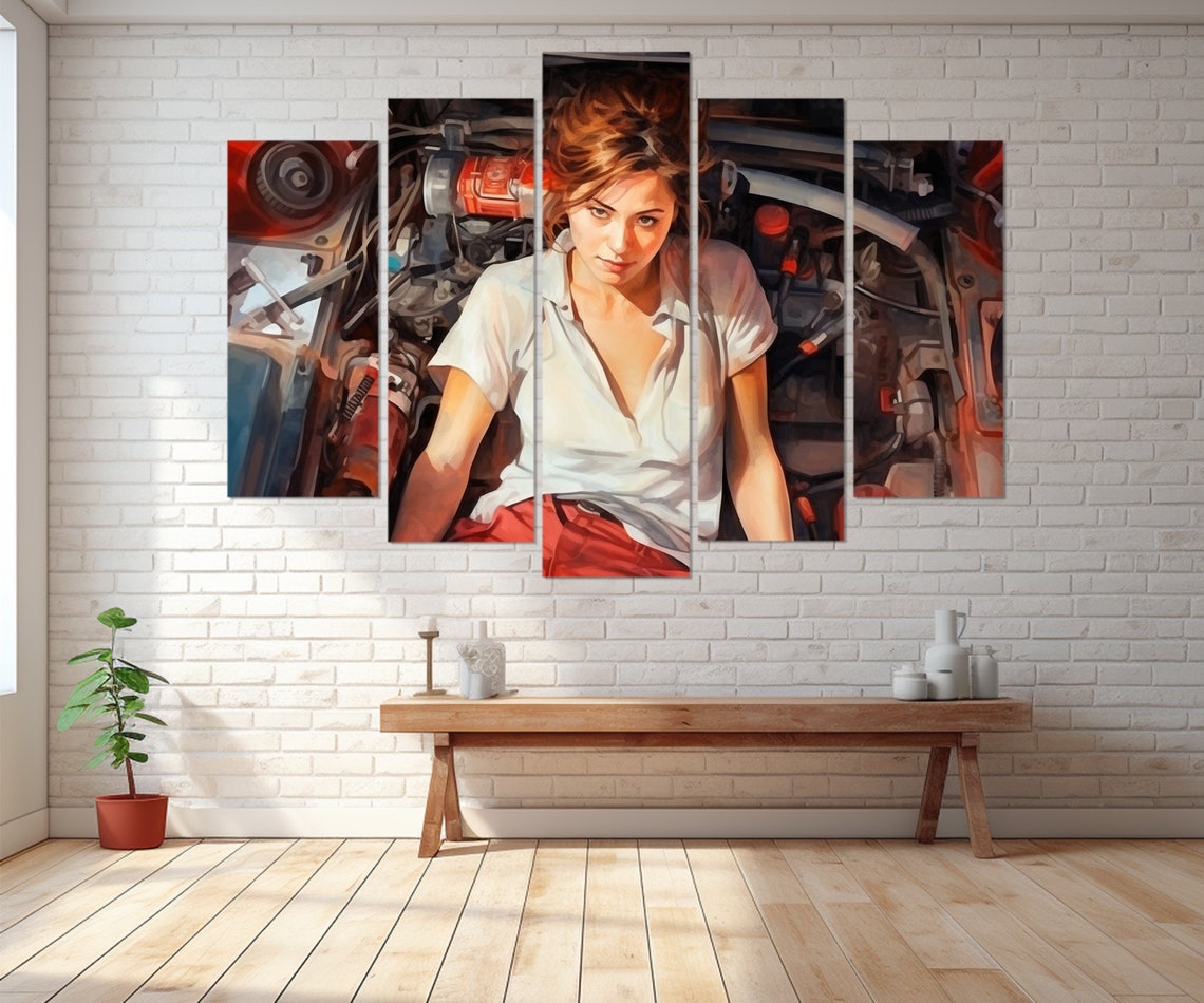 Retro Mechanic Woman Car Engine Bay Vintage Workshop Painting Poster - Image 2