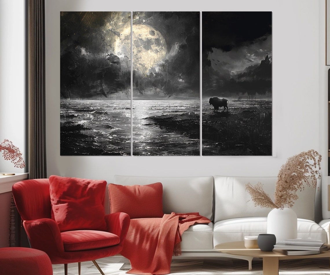 Impressionistic Moon Over Sea Painting Print Bison On Post Apocalyptic Landscape Painting Gothic Wall Decor Framed Ready To Hang - Image 4