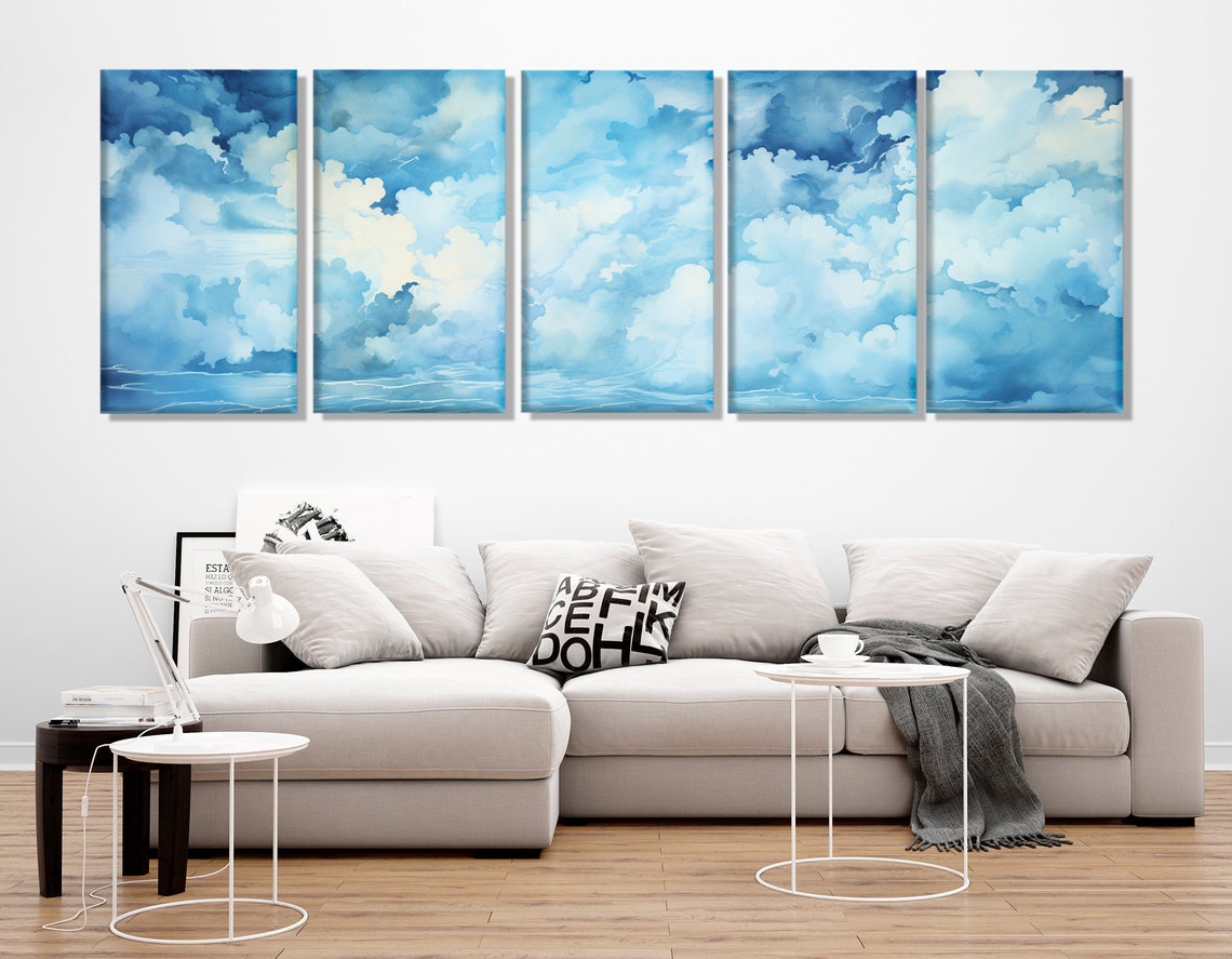 Soft Blue Clouds Watercolor Sky Panoramic Calm Bedroom Wall Art Poster - Image 3