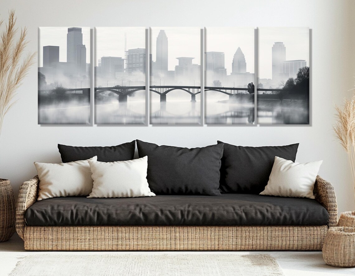 Misty Columbus Ohio Black And White Foggy Bridge Skyline Poster - Image 2