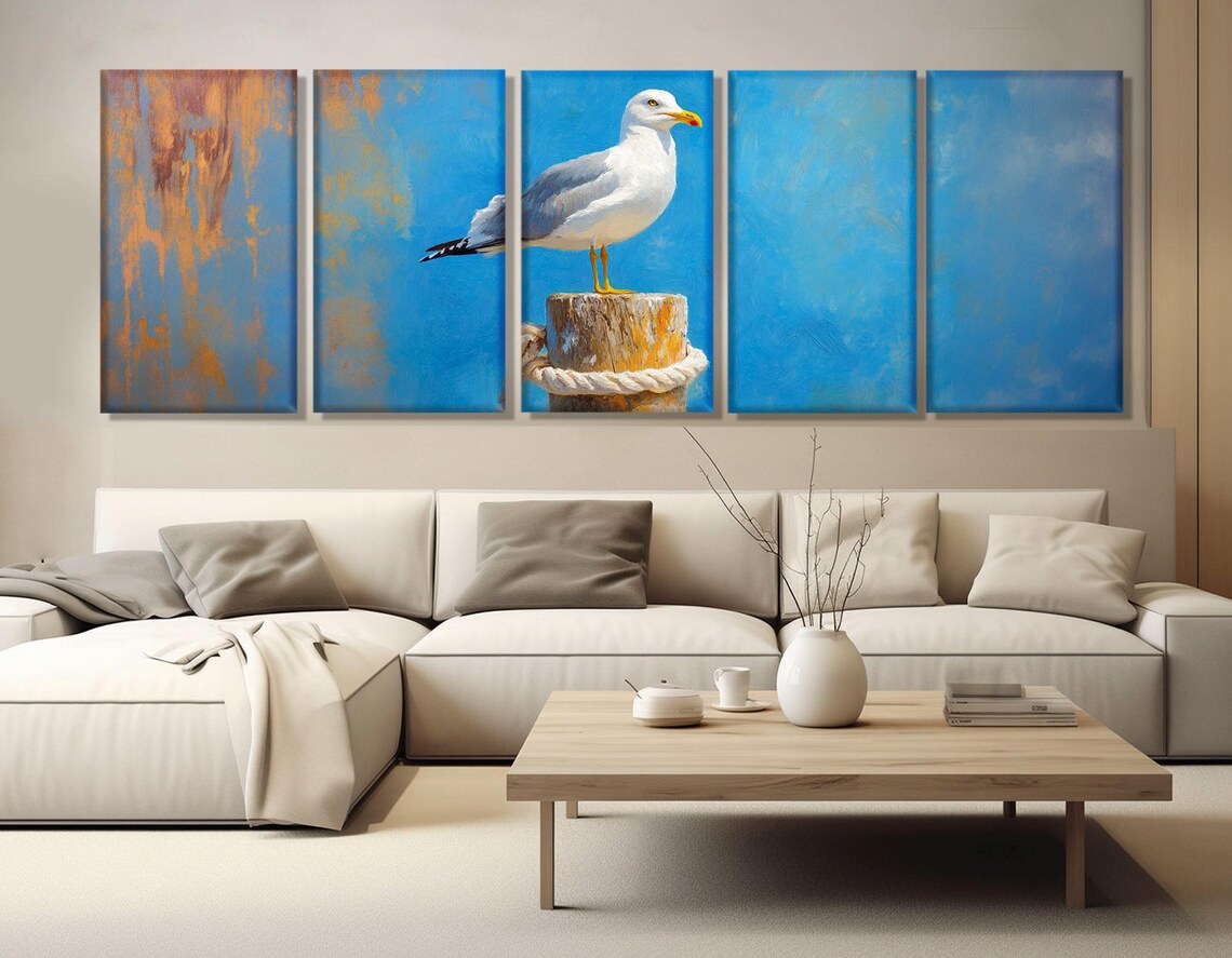 Seagull Perched on Pier Post Abstract Blue Gold Bird Painting Poster - Image 3