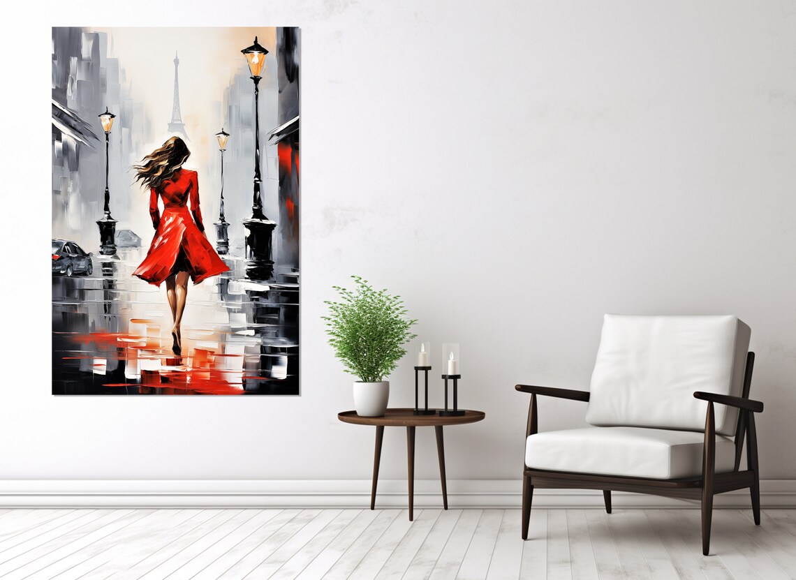 Paris Lady in Red Eiffel Tower Rainy Street Romantic Travel Poster - Image 2