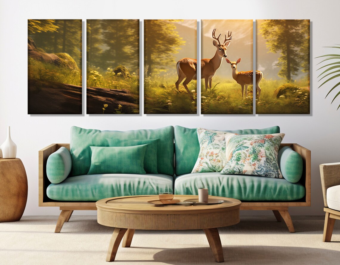 Deer And Fawn Golden Forest Clearing Sunlit Woodland Wildlife Panoramic Wall Poster - Image 4