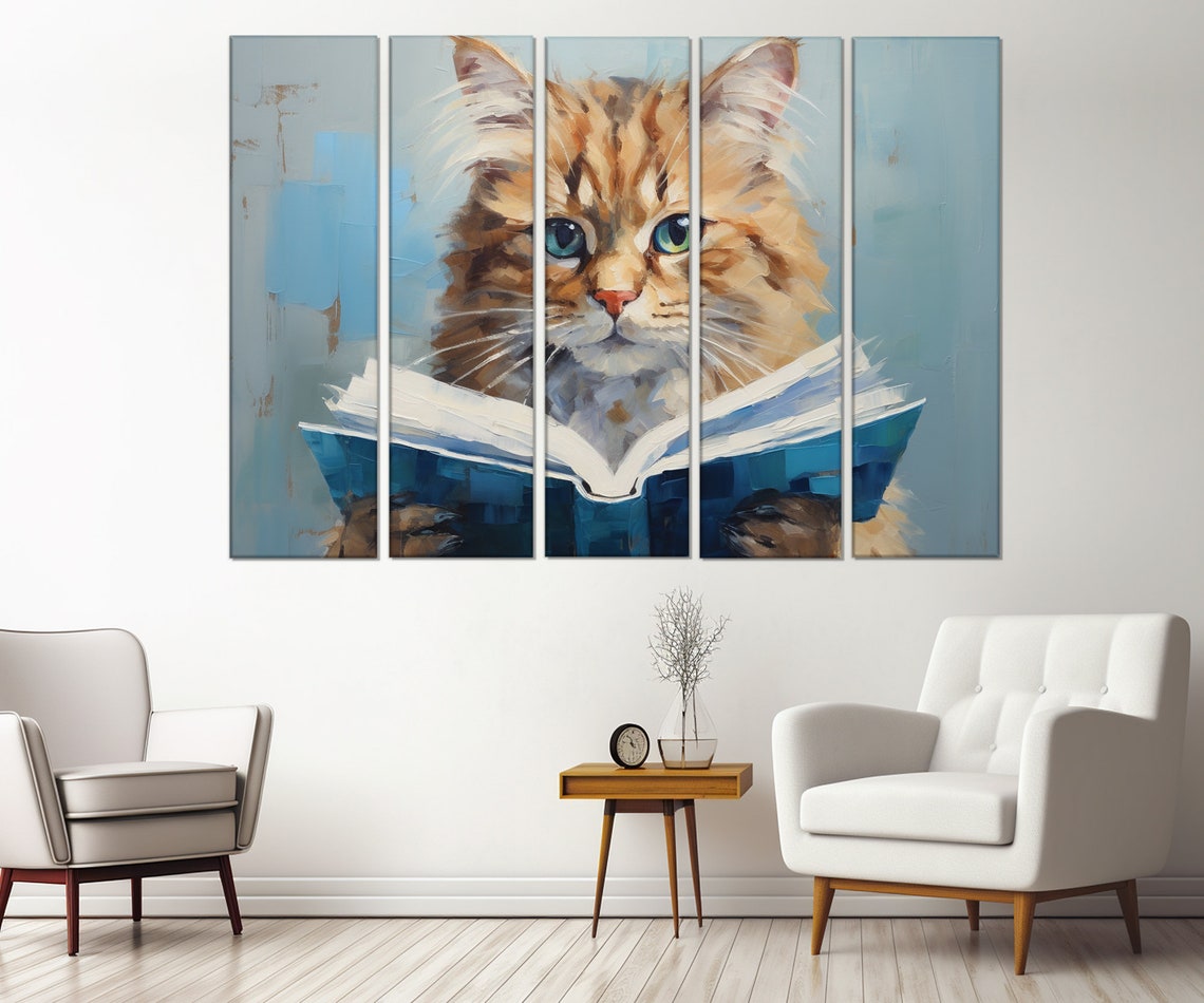 Fluffy Orange Cat Reading An Open Book Cute Painterly Poster - Image 3