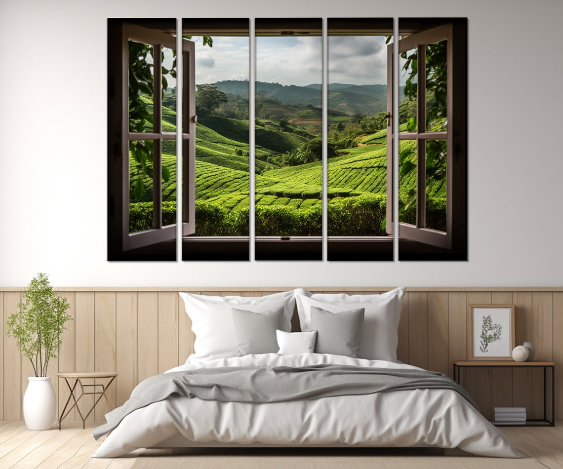 Terraced Green Tea Fields Open Window Lush Hillside Nature Poster - Image 2