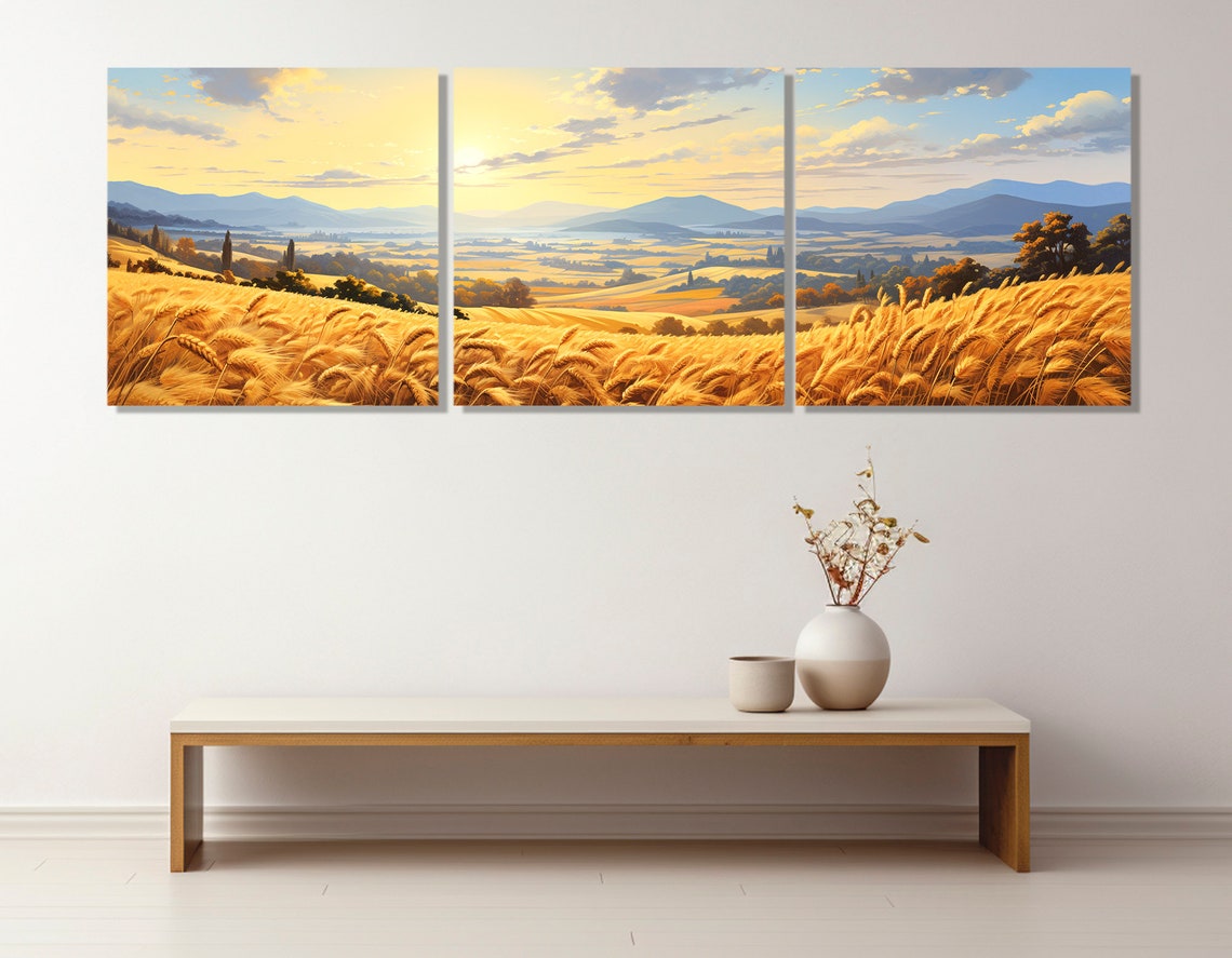 Golden Wheat Field Sunset Rolling Hills Panoramic Rustic Art Poster - Image 2
