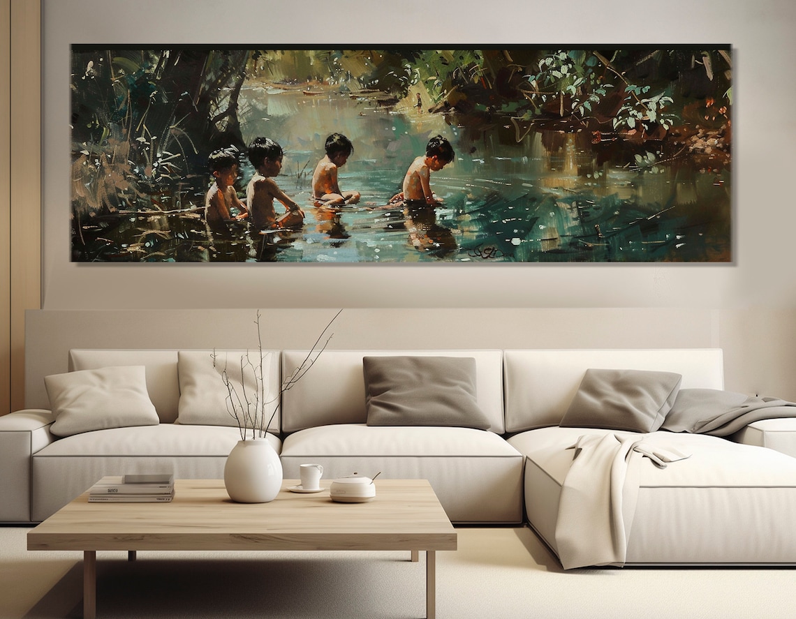 Boys Bathing In River Impressionist Oil Painting Nostalgic Poster