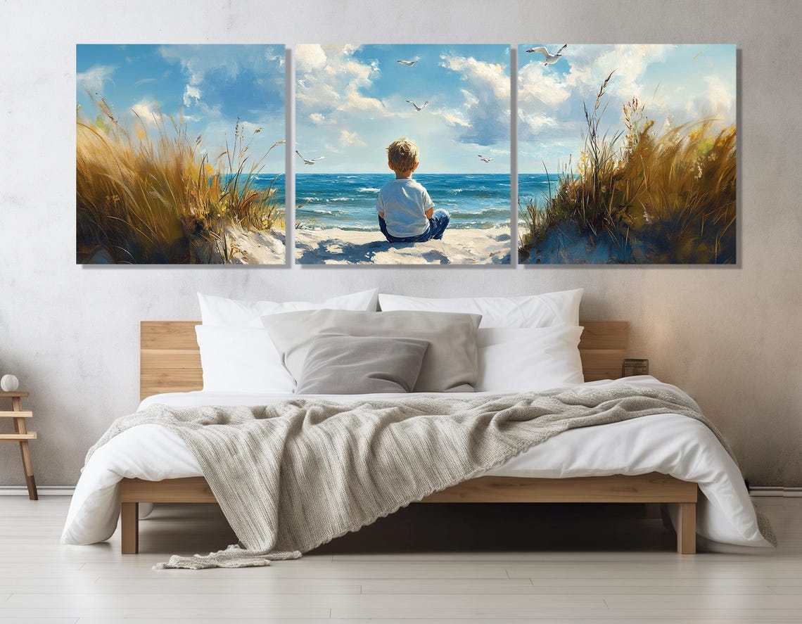 Little Boy On Beach Seaside Grass Coastal Painting Travel Wall Poster - Image 4