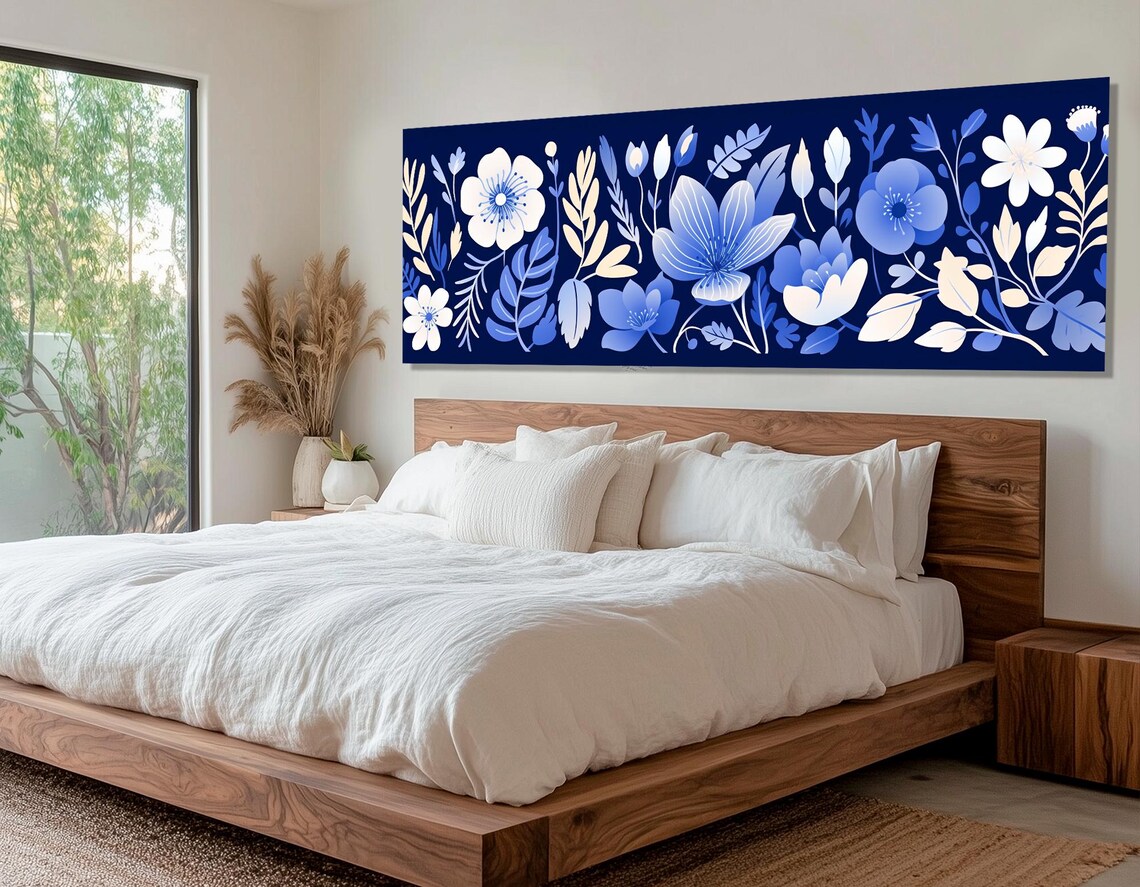 Navy Blue Botanical Floral White Cream Flowers Elegant Wall Art Poster - Image 2