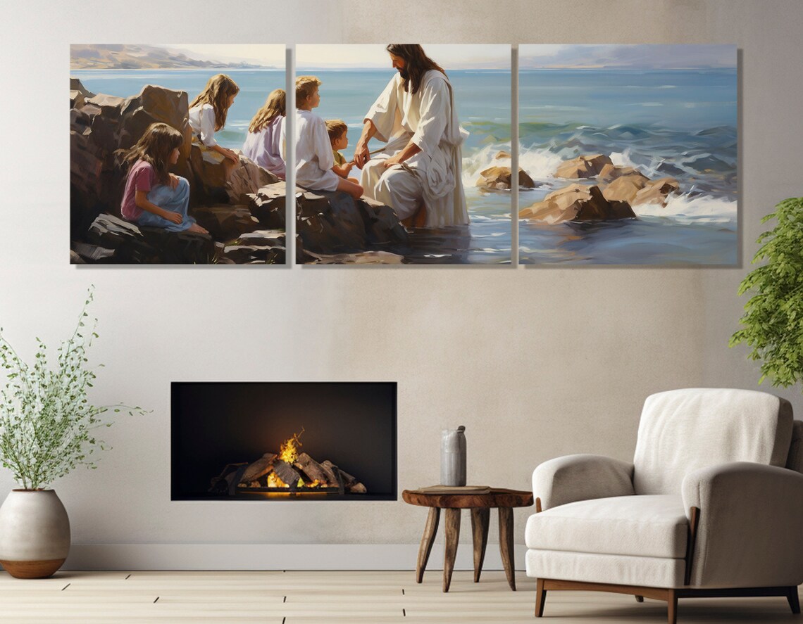Jesus Teaching Children by the Sea Biblical Panoramic Christian Art Poster - Image 3