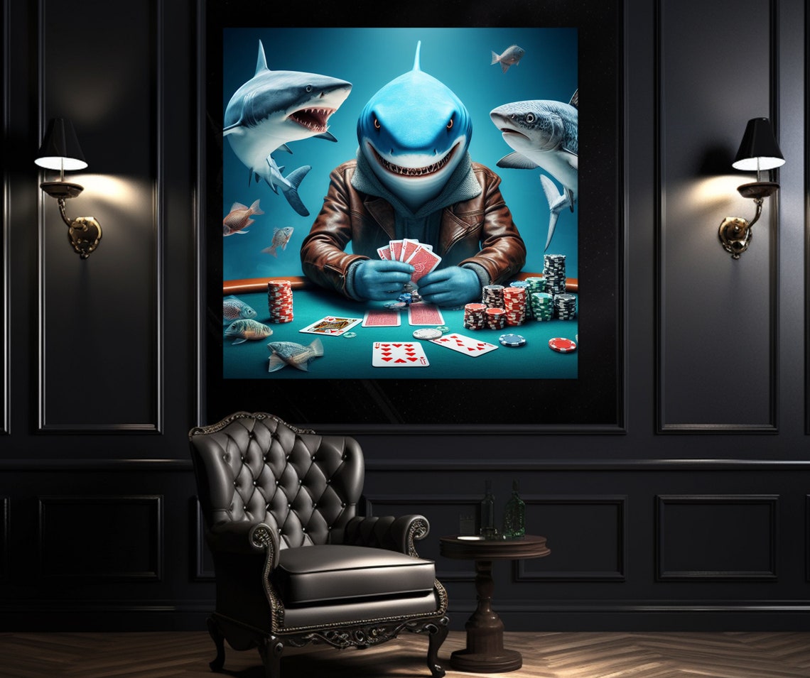 Shark in Leather Jacket Playing Poker Underwater Scene Man Cave Poster - Image 2