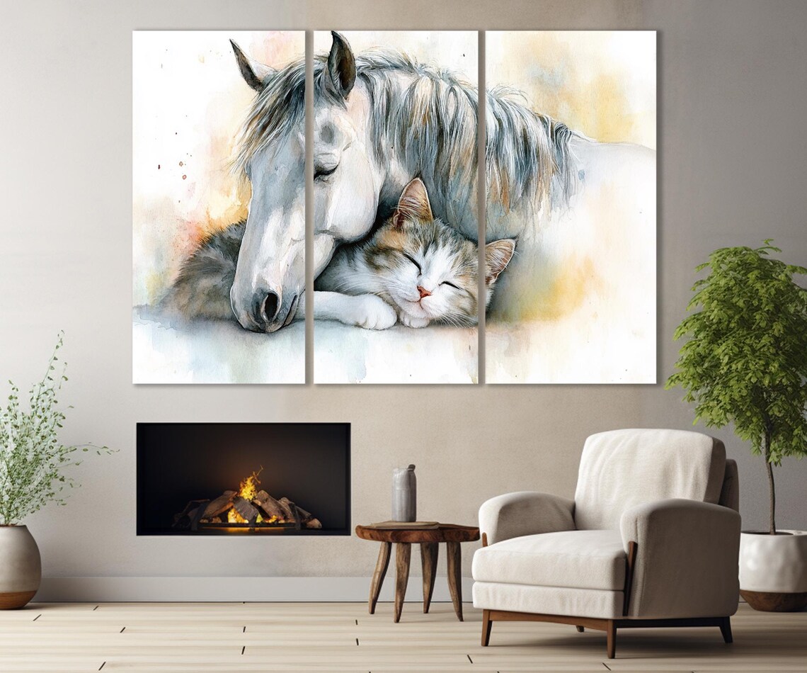 White Horse and Sleeping Tabby Cat Watercolor Tender Friendship Art Poster - Image 4