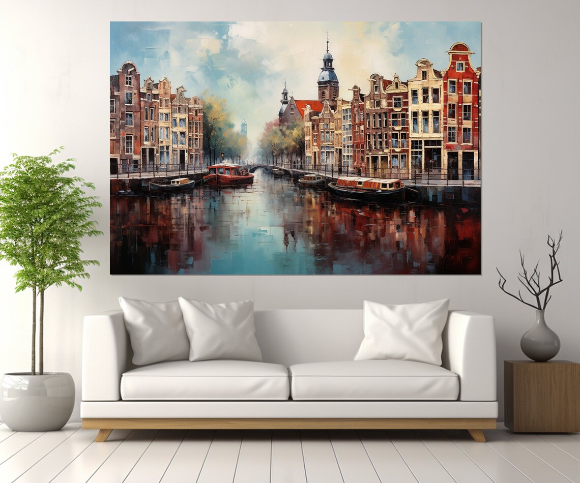 Amsterdam Canal Classic Houses Boats Church Tower Oil Painting Poster - Image 2