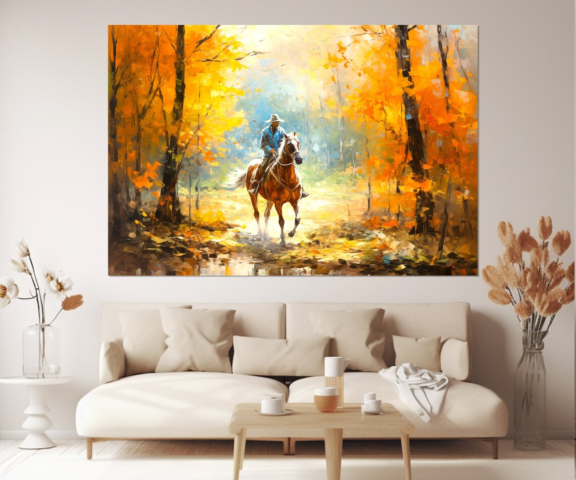 Horseman In Golden Autumn Forest Horse Rider Painting Wall Art Print