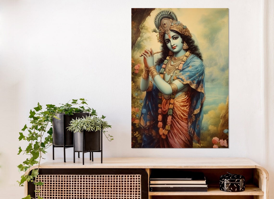 Lord Krishna Playing Flute Peacock Crown Hindu God Wall Art Poster