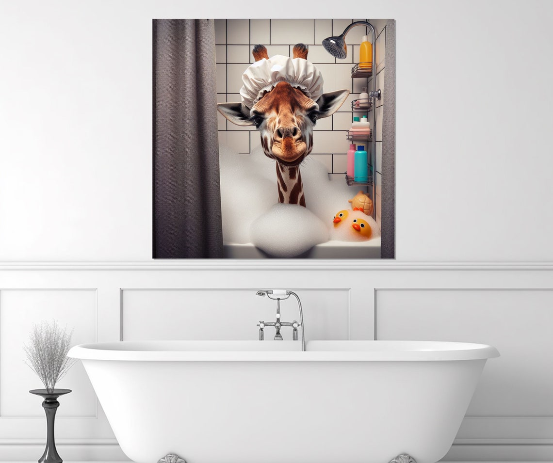 Cute Giraffe With Shower Cap Bubble Bath Rubber Ducks Animal Poster - Image 2