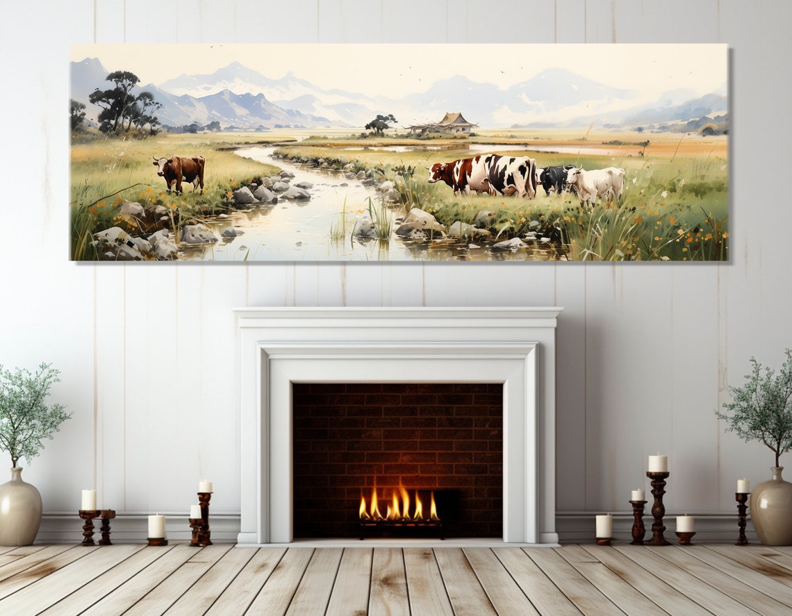 Cows Grazing By Mountain Stream Watercolor Meadow Farm Scene Poster