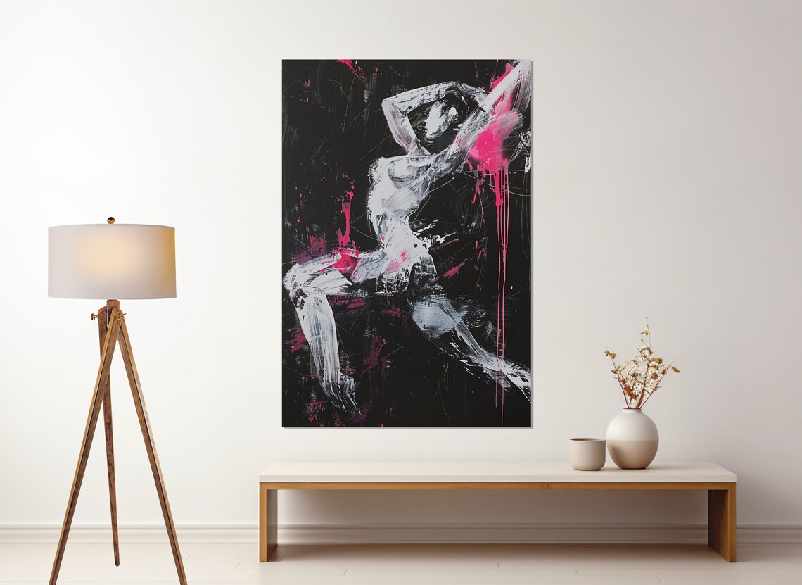 Abstract Dancer Figure White Pink Gestural Paint Black Dance Art Poster - Image 3