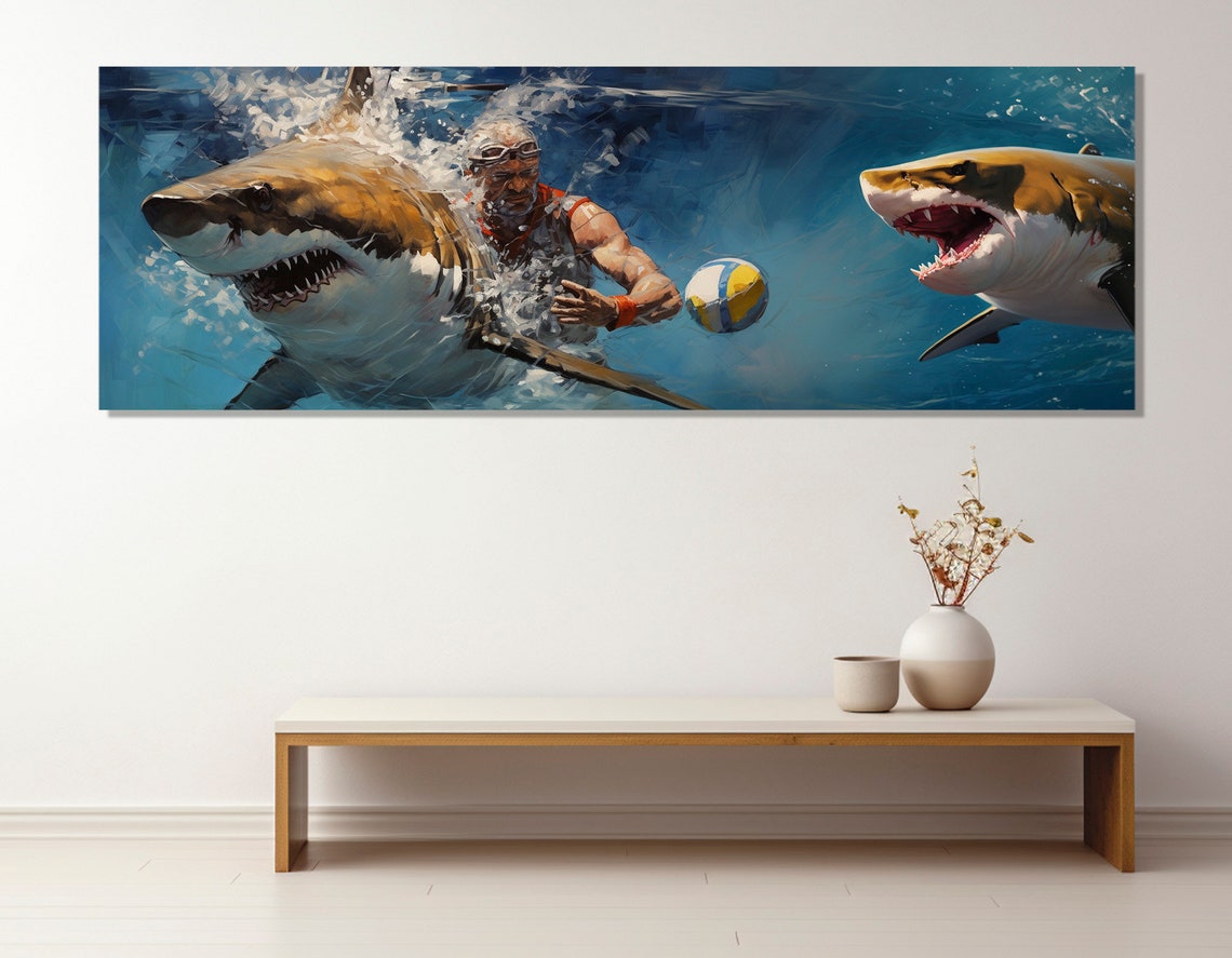 Water Polo Player Between Two Great White Sharks Abstract Poster