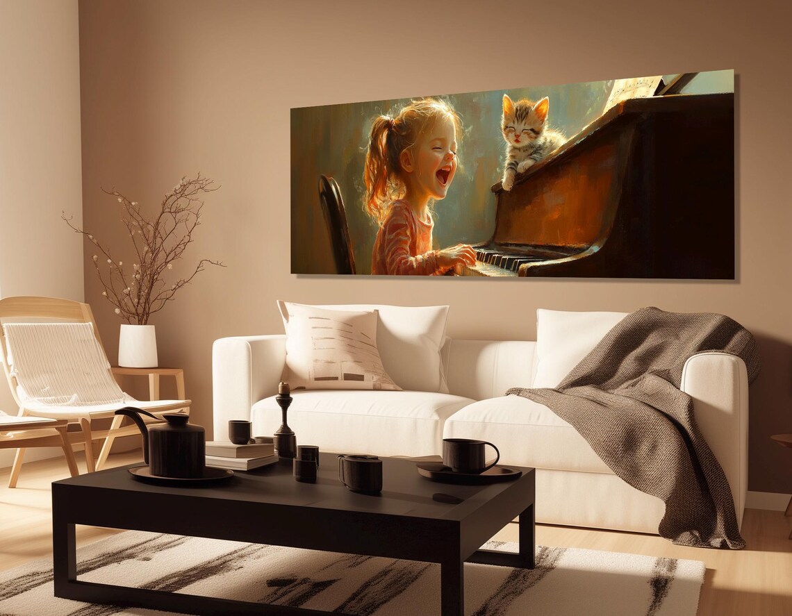 Laughing Little Girl Playing Piano With Kitten Warm Nostalgic Art Poster - Image 2