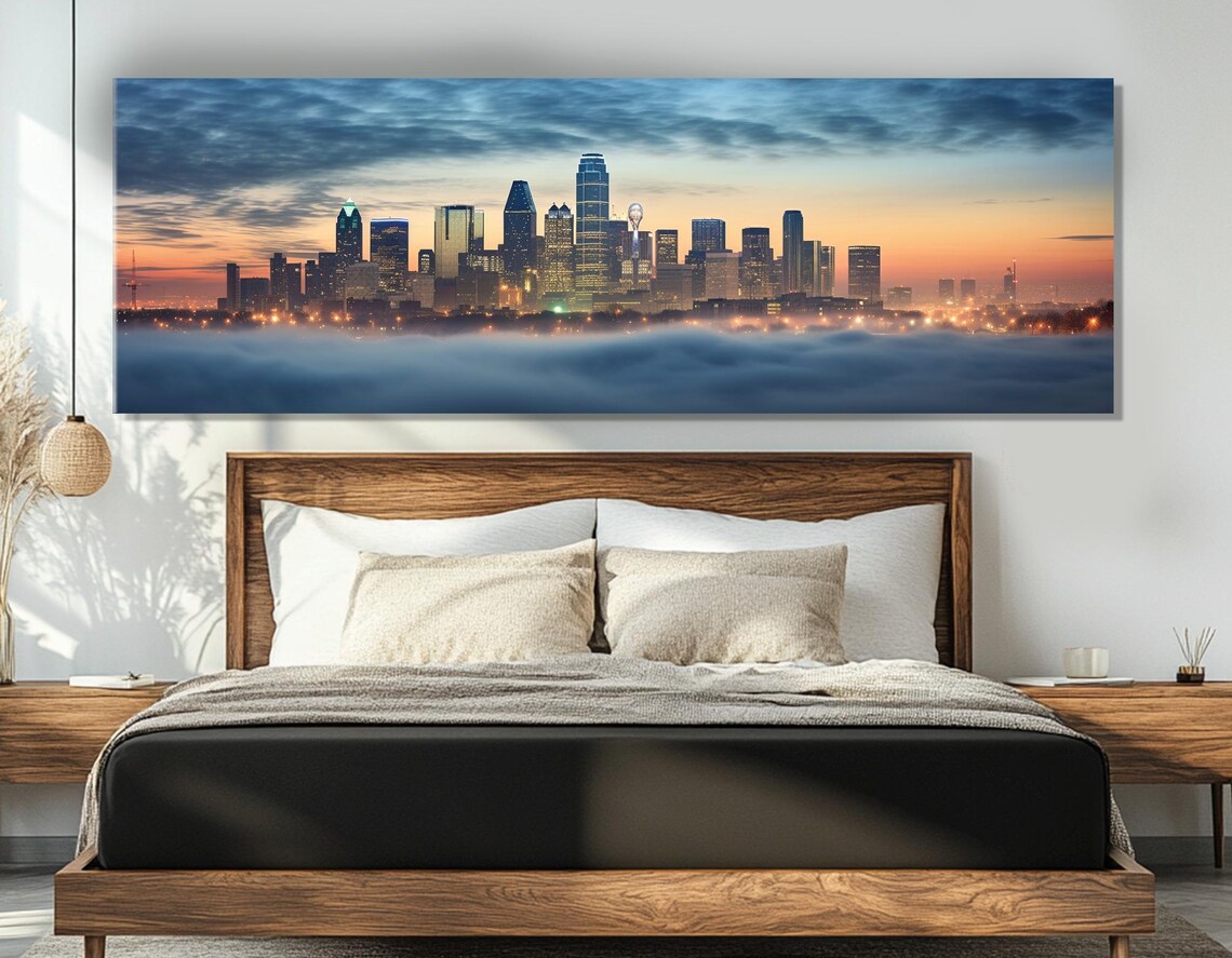 Dallas Texas Skyline Misty Dawn Fog City Lights Panoramic Poster