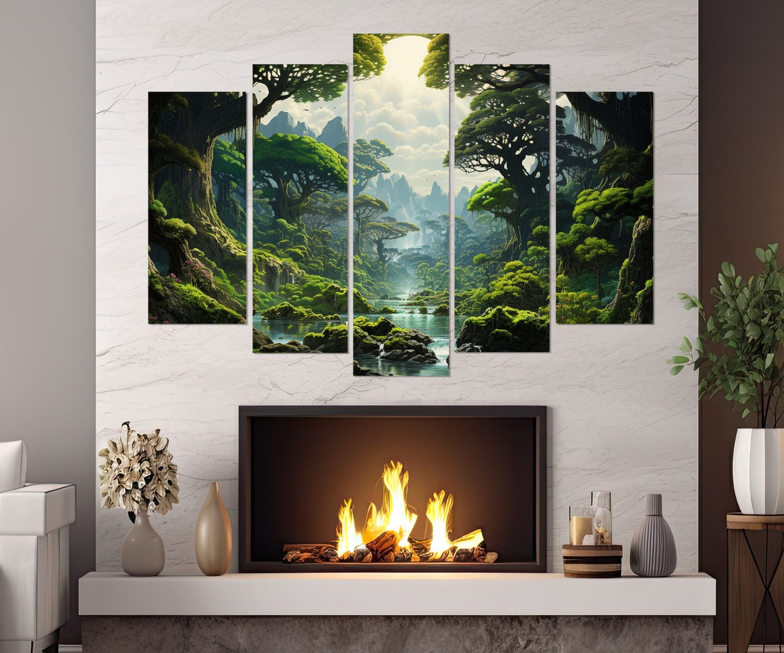 Enchanted Fantasy Forest River Mossy Trees Jungle Painting Wall Art - Image 2