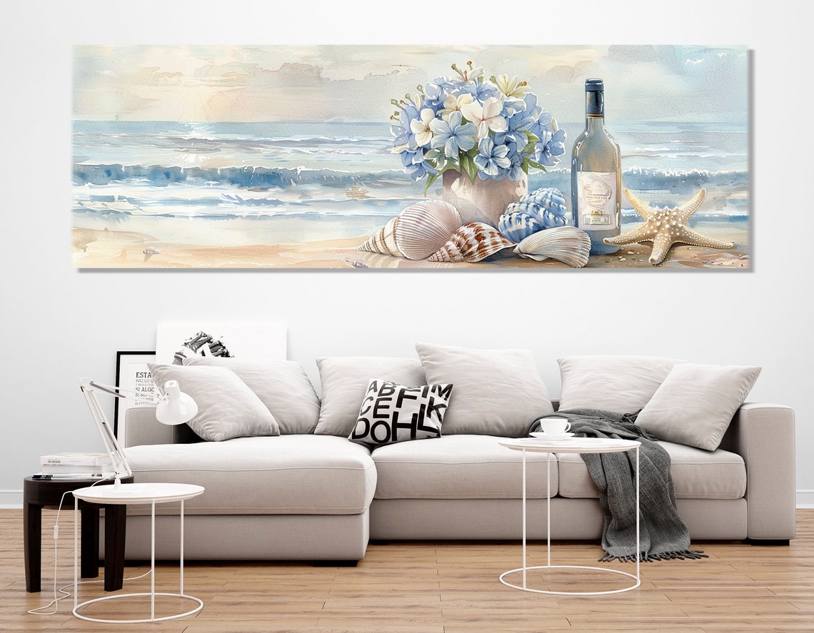 Beach Still Life Seashells Starfish Hydrangeas Wine Coastal Poster - Image 2