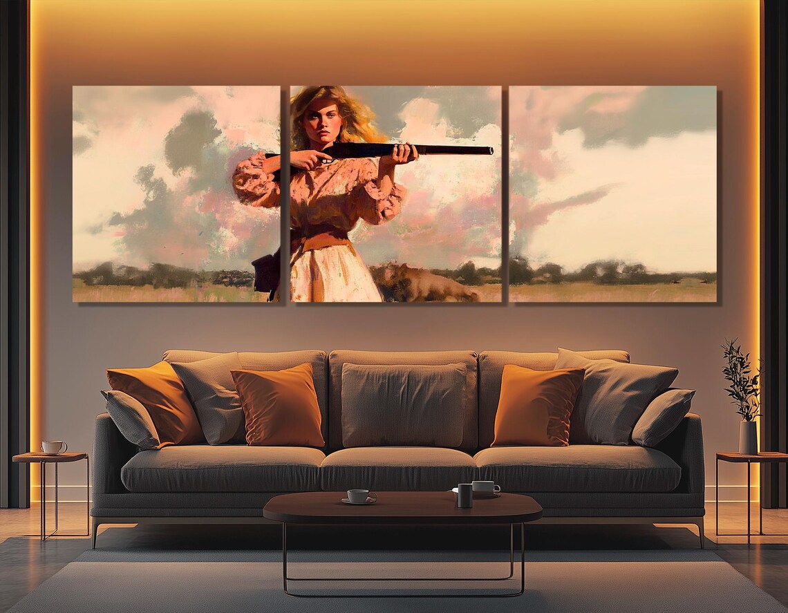 Retro Woman With Rifle Prairie Sunset Vintage Western Style Poster - Image 4