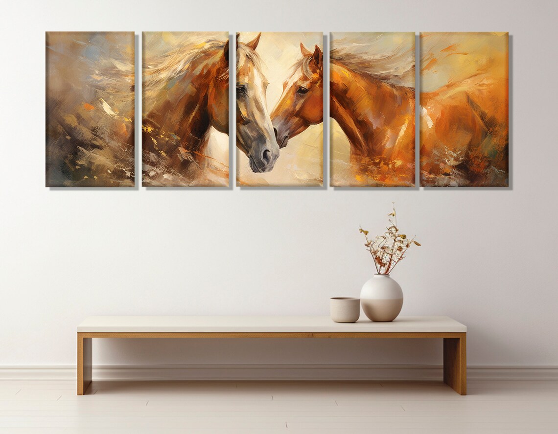 Pair of Horses Tender Moment Warm Abstract Equestrian Art Poster - Image 2