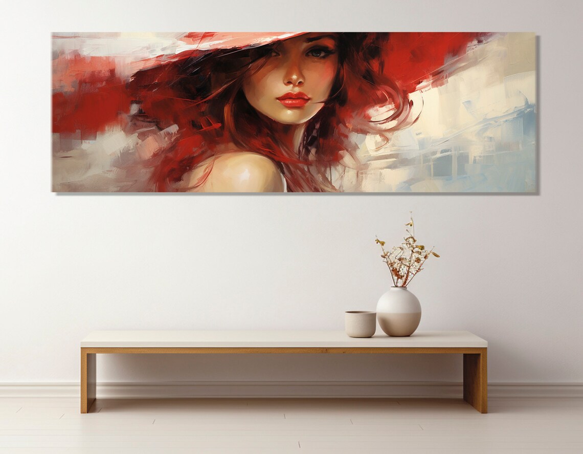 Red Haired Woman Abstract Portrait Red Hat Flowers Fashion Art Poster - Image 2