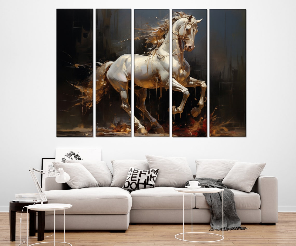 Majestic White Horse Galloping Dark Dramatic Golden Mane Art Poster - Image 2