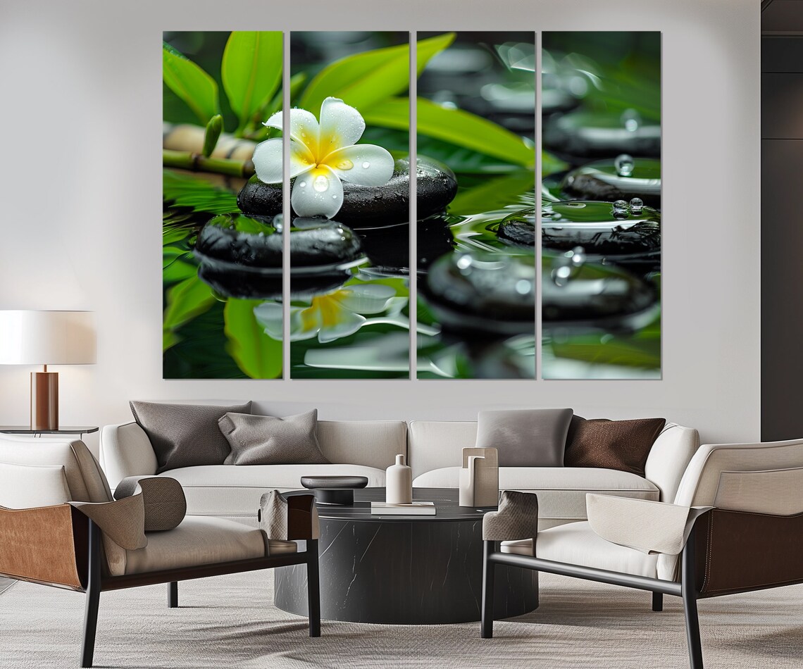 White Plumeria Flower Zen Stones Water Drops Bamboo Spa Calm Poster - Image 3
