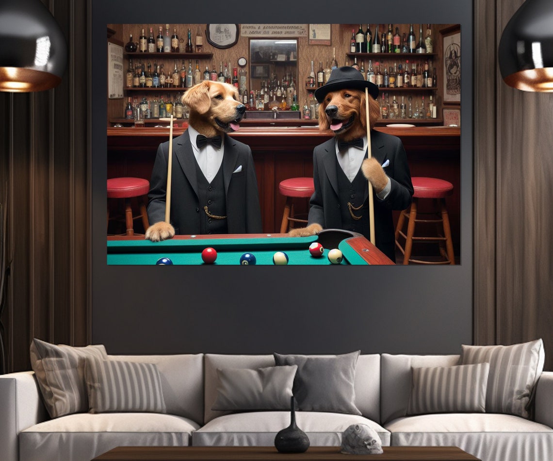 Gentleman Dogs Playing Billiards Tuxedo Pub Funny Dog Wall Art Poster