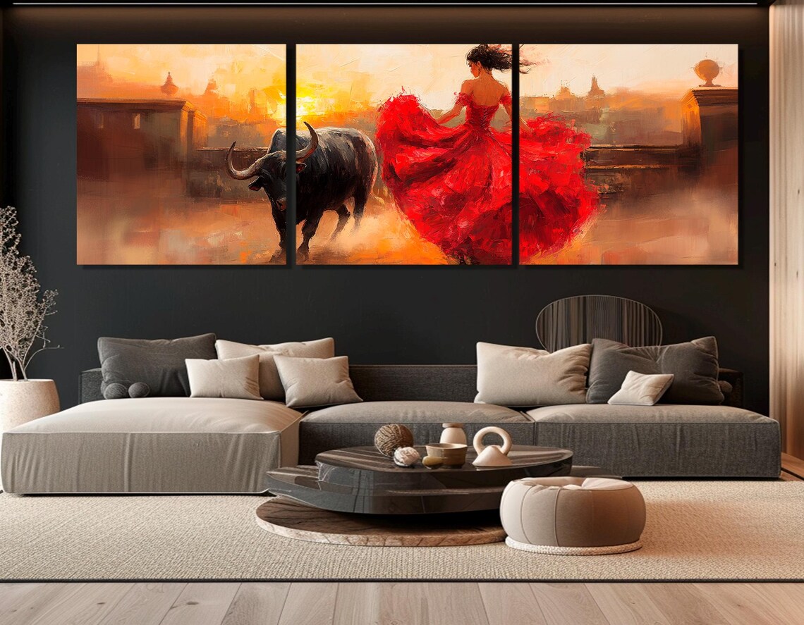 Lady in Red Dress Fighting Bull Sunset Impressionist Spanish Art Poster - Image 3