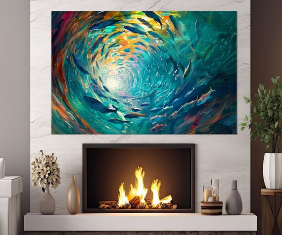 School Of Fish Print Abstract Underwater Wall Art School Of Fish Painting Colorful Underwater Poster Framed And Ready To Hang