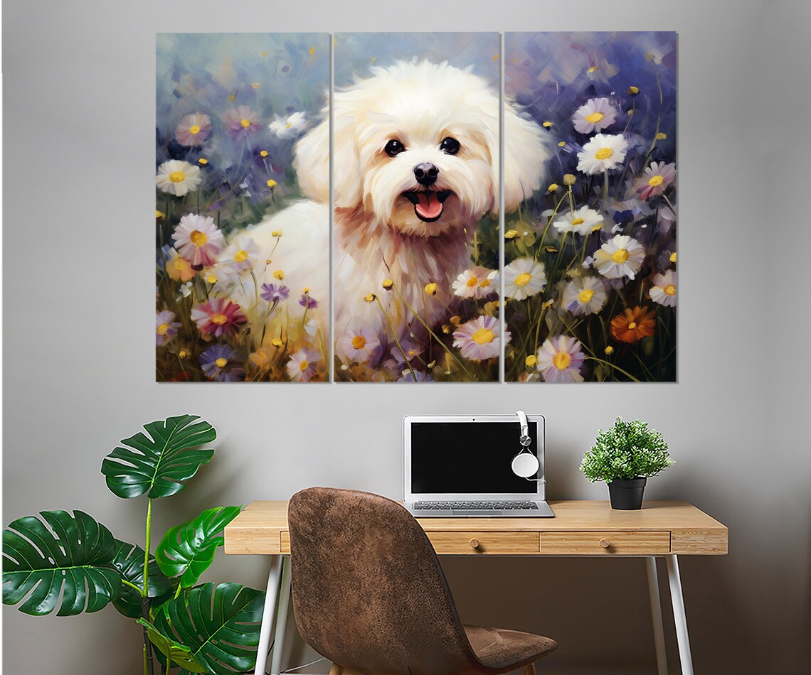 White Fluffy Puppy In Daisy Field Impressionist Dog Painting Poster - Image 2