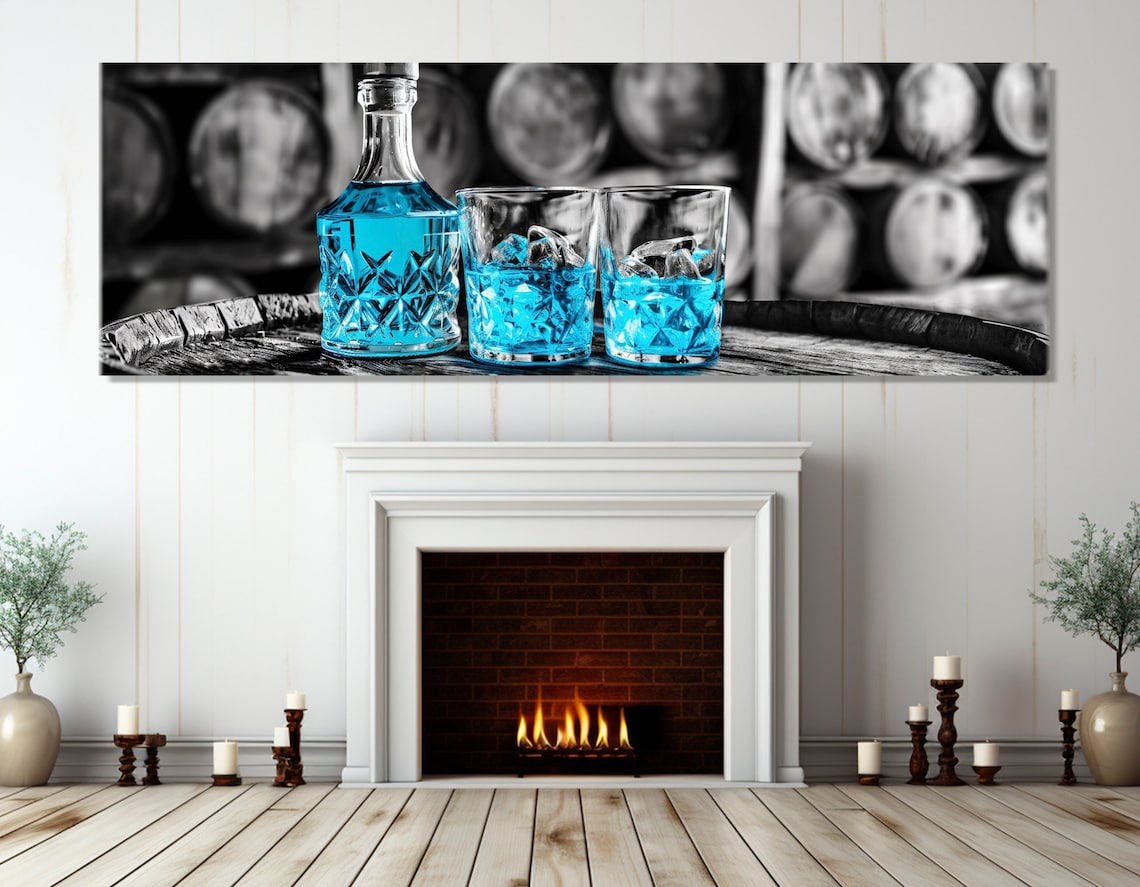 Blue Curacao Cocktail Bottle and Glasses on Barrel Bar Art Panoramic Wall Art Print - Image 2