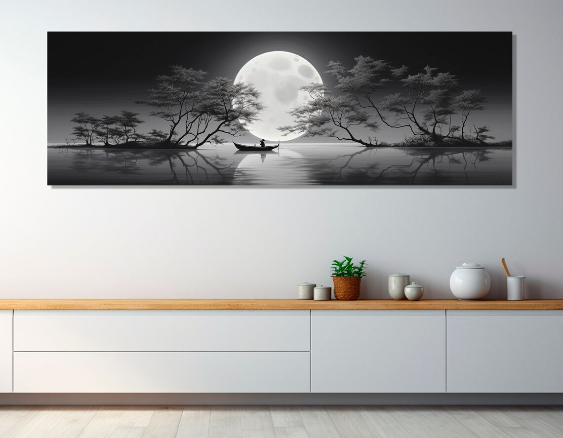 Boat Under Moonlight and Blossom Tree, Art Print - Image 2